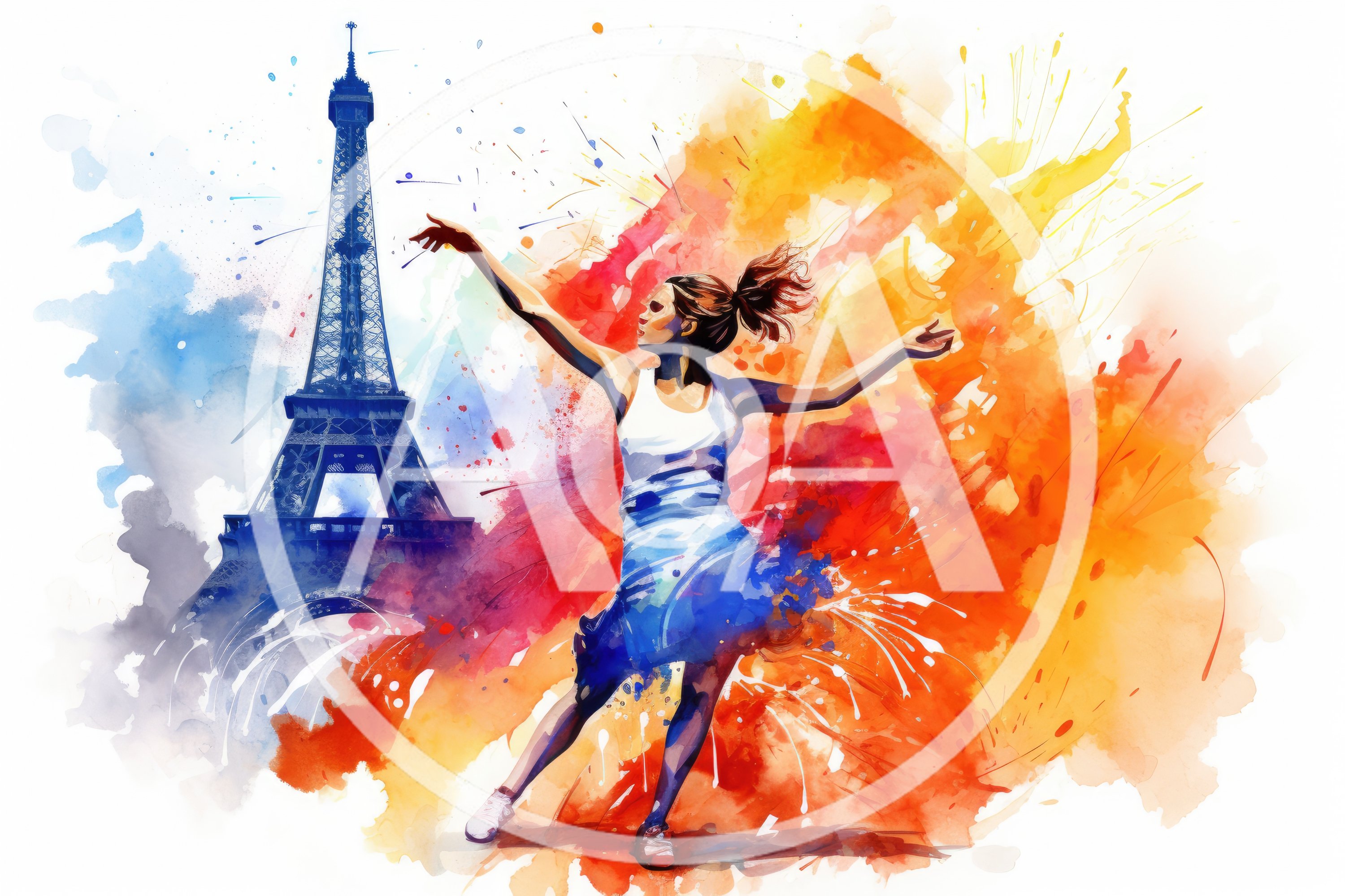 Watercolor Illustration Of A Woman Dancing Before Eiffel Tower