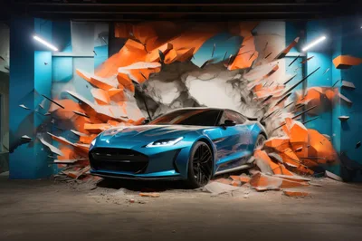 Blue Sports Car Crashing Through Concrete Wall