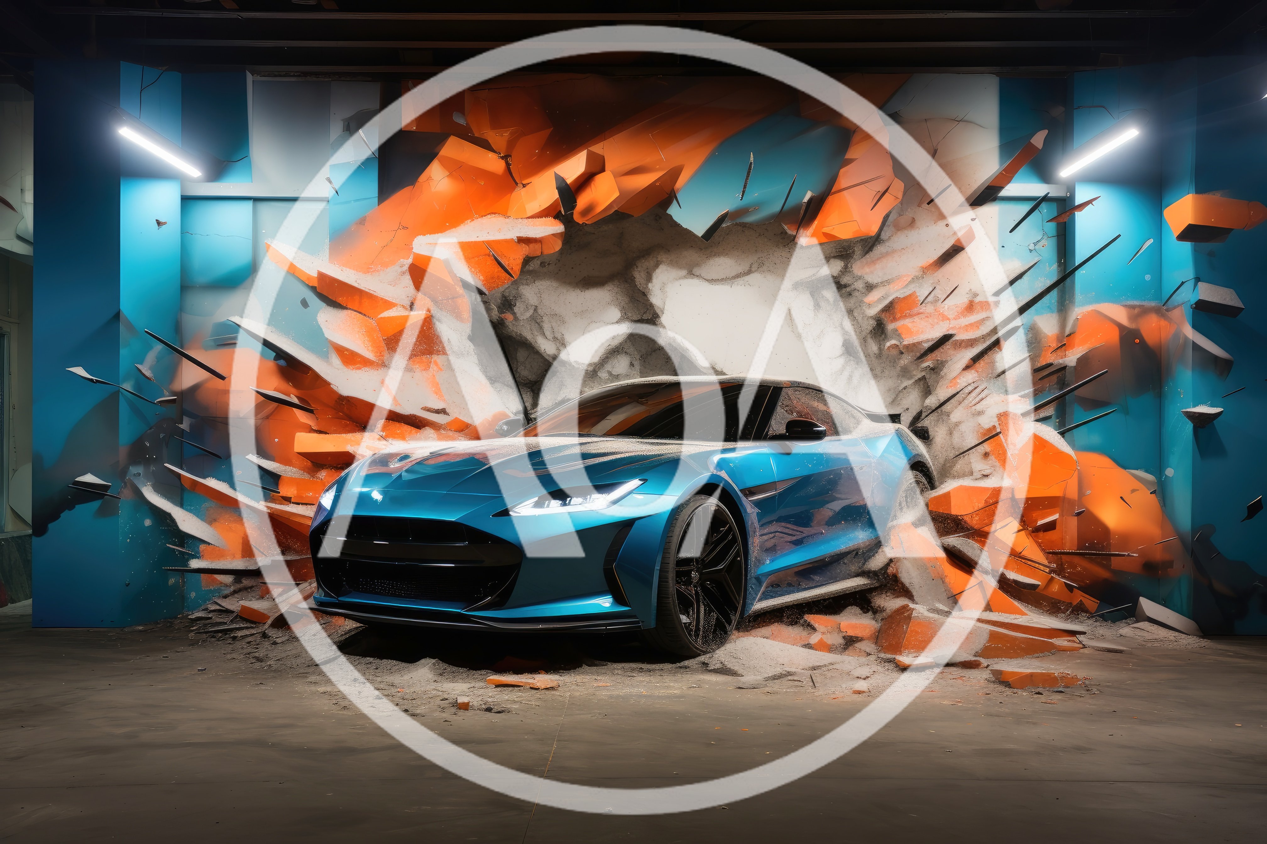 Blue Sports Car Crashing Through Concrete Wall