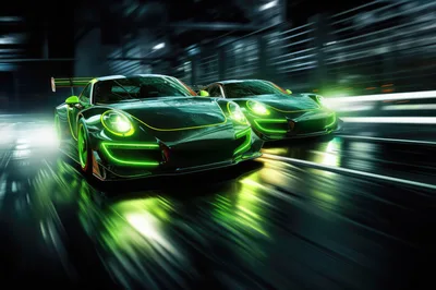Two Neon Green Sports Cars Racing At Night