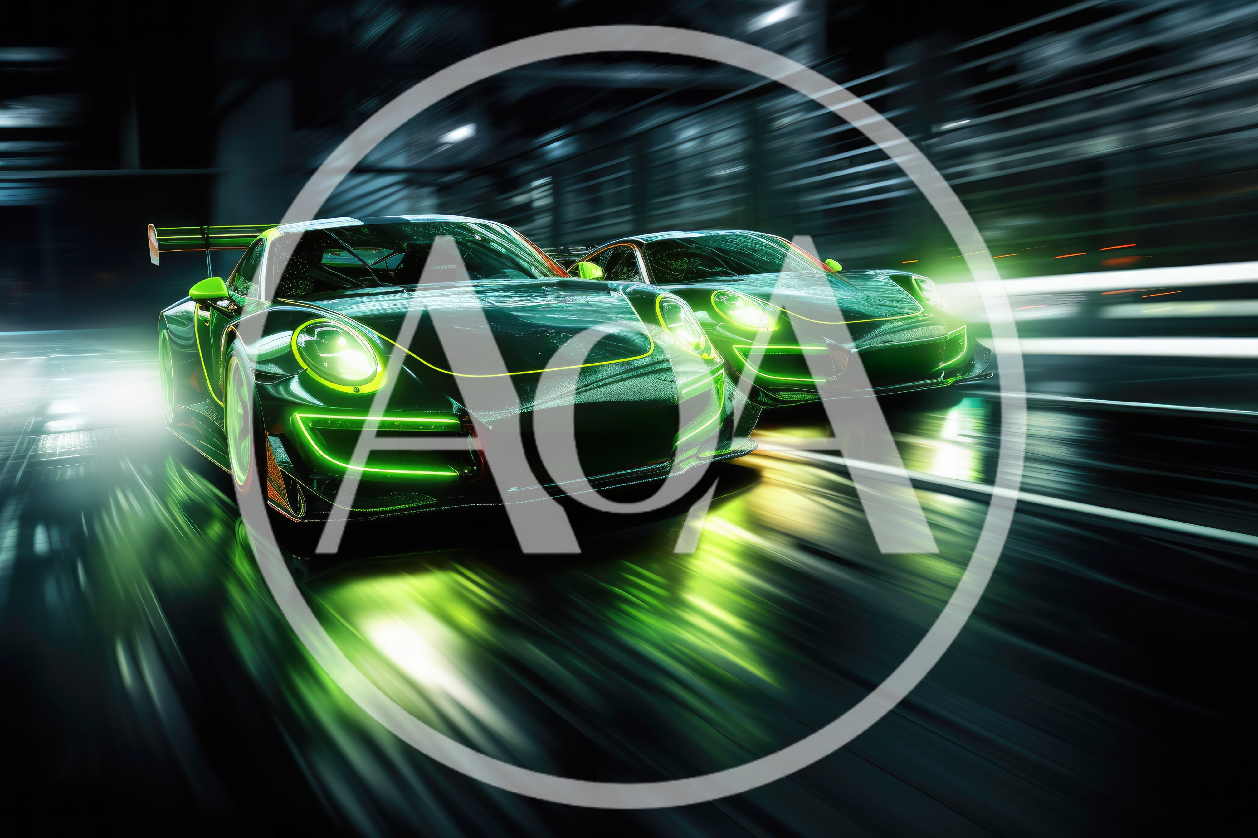 Two Neon Green Sports Cars Racing At Night