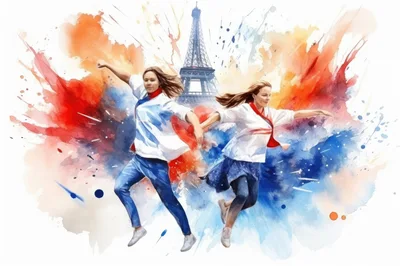 Two Women Jumping Joyfully Before The Eiffel Tower