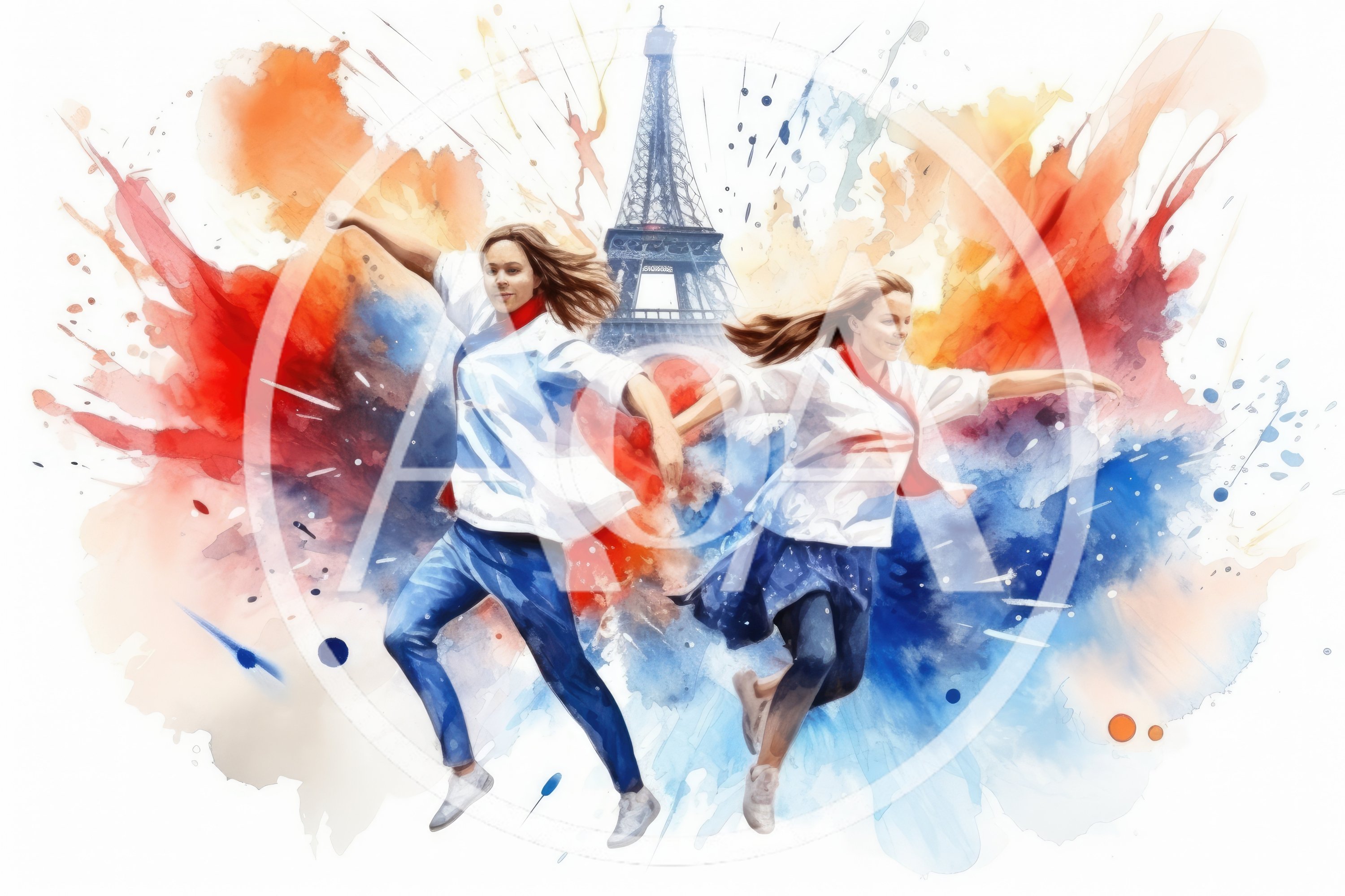 Two Women Jumping Joyfully Before The Eiffel Tower