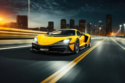Yellow Supercar Driving Fast On City Highway At Night