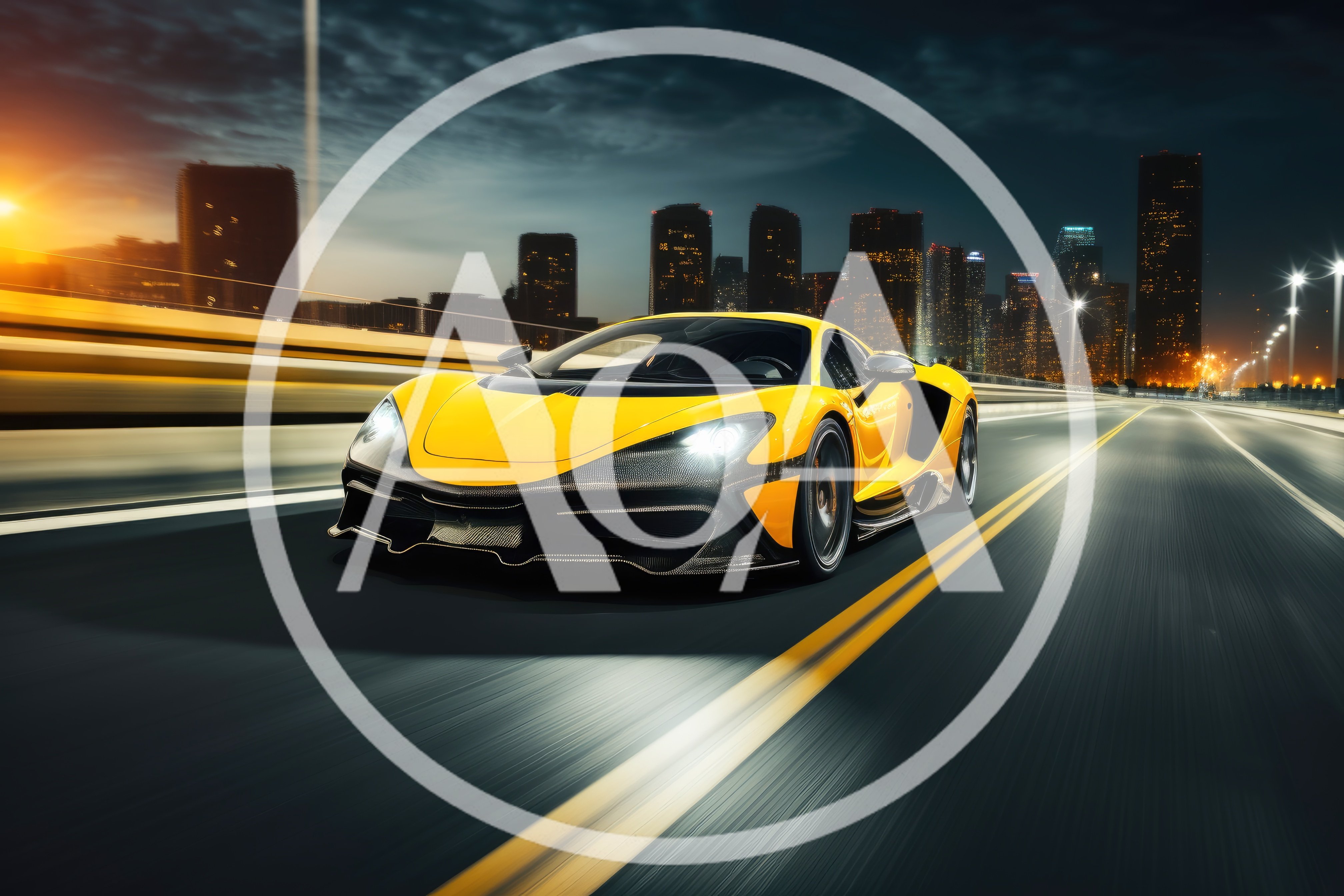 Yellow Supercar Driving Fast On City Highway At Night