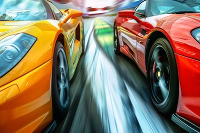 Two Supercars Racing at High Speed on Track