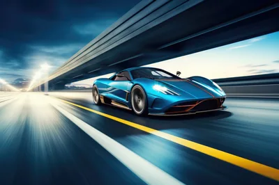 Blue Supercar Driving Fast Under Highway Overpass