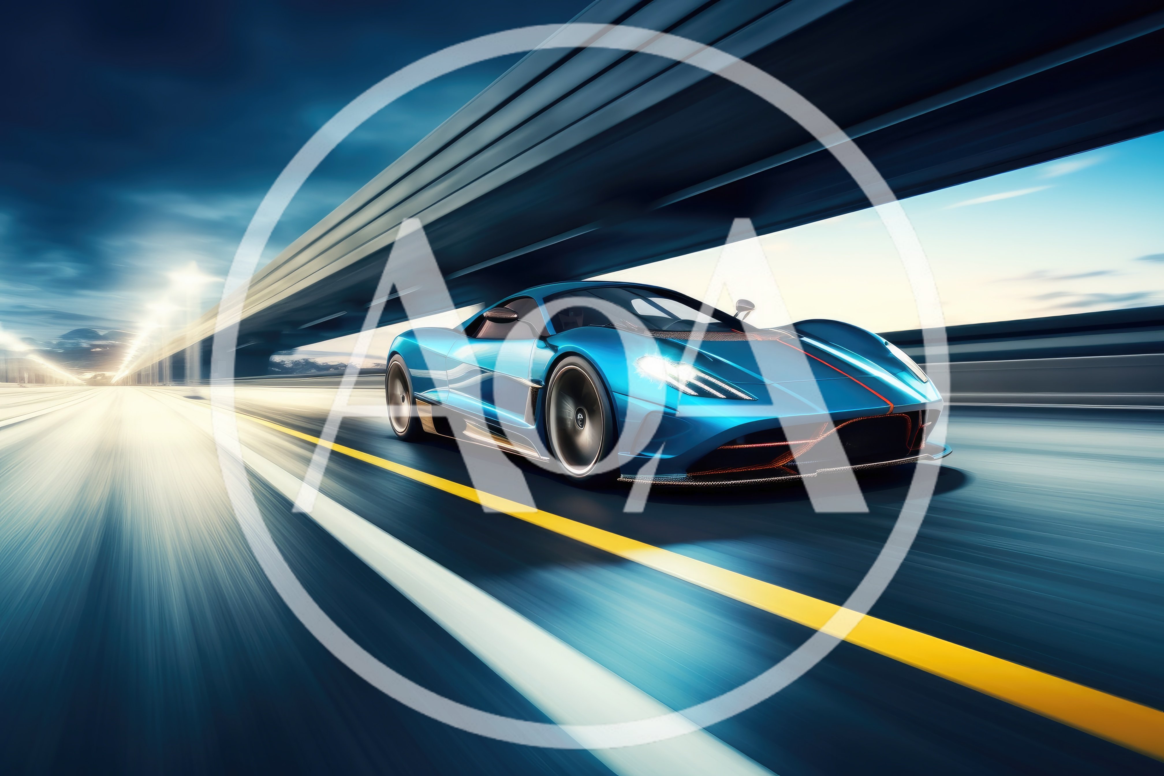 Blue Supercar Driving Fast Under Highway Overpass