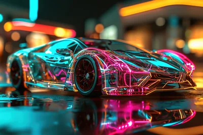 Futuristic Neon Sports Car On Wet City Street