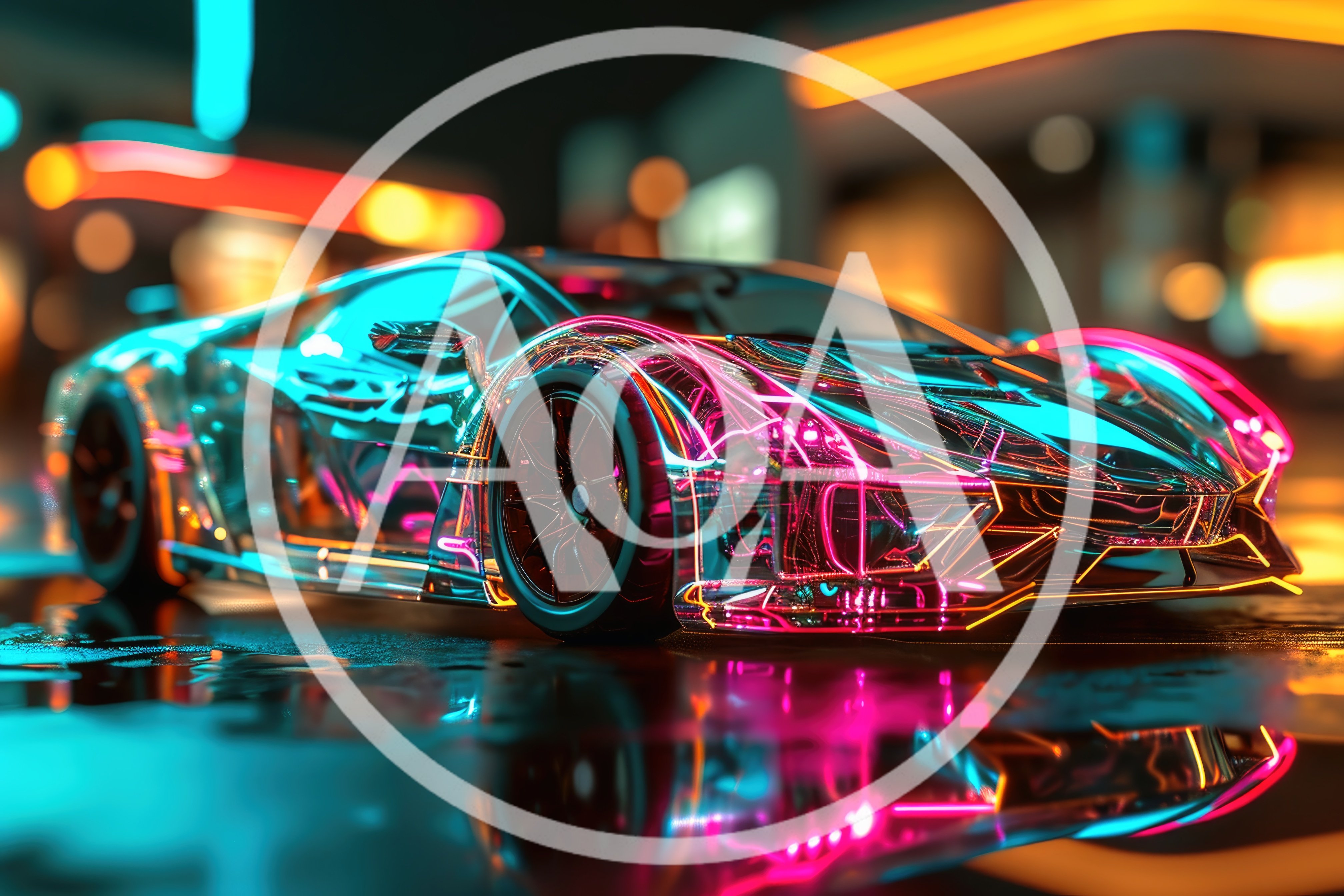 Futuristic Neon Sports Car On Wet City Street