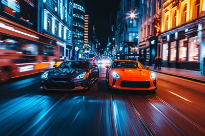 Two Sports Cars Racing Through A City At Night