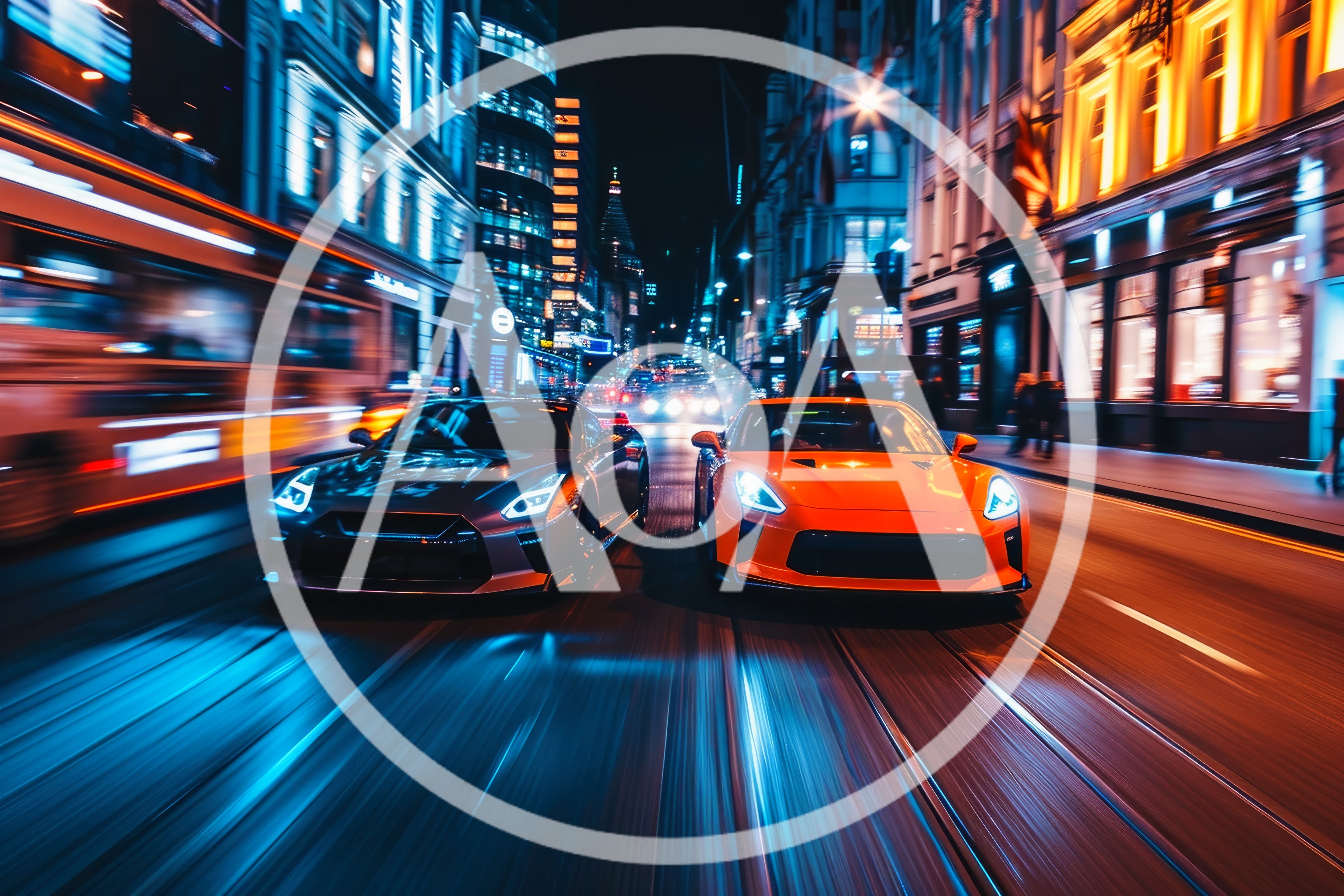 Two Sports Cars Racing Through A City At Night