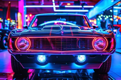 Neon Lit Classic Muscle Car Front View