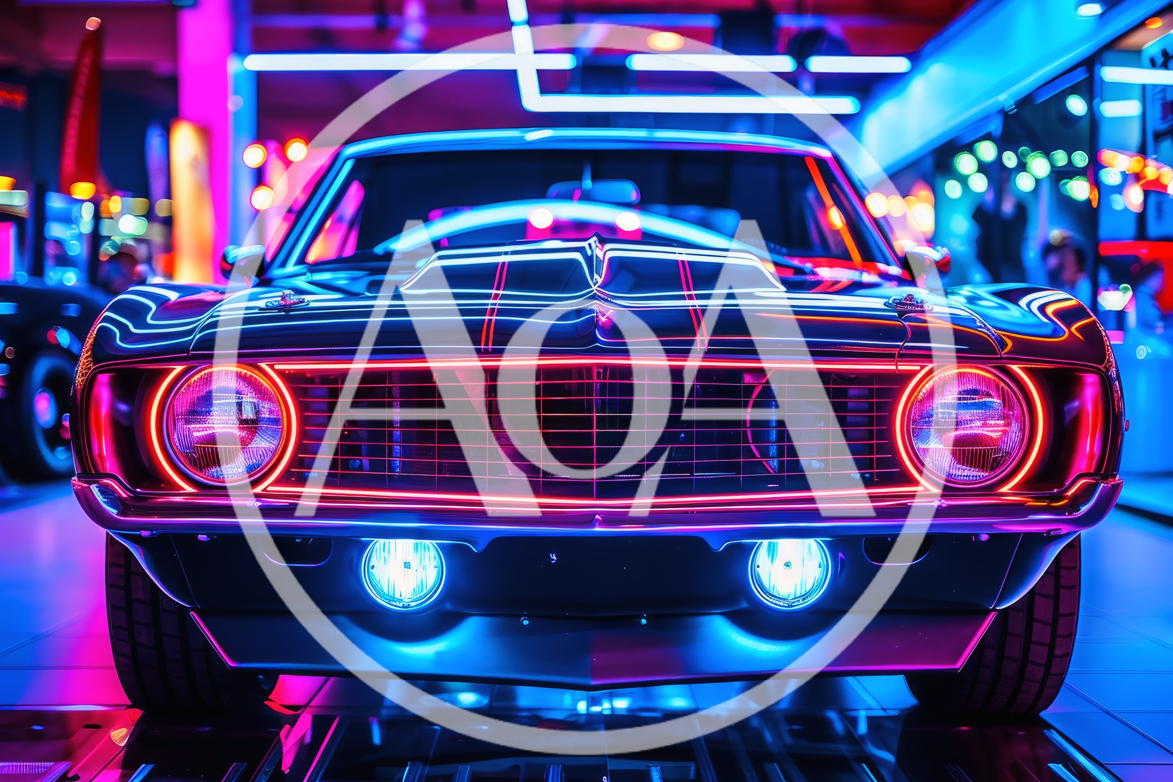 Neon Lit Classic Muscle Car Front View