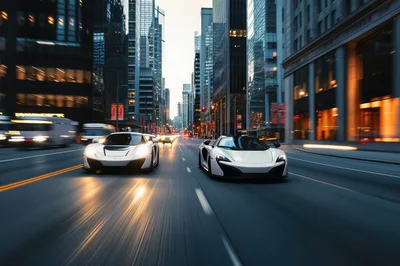 Two White Supercars Racing Through Modern City Streets