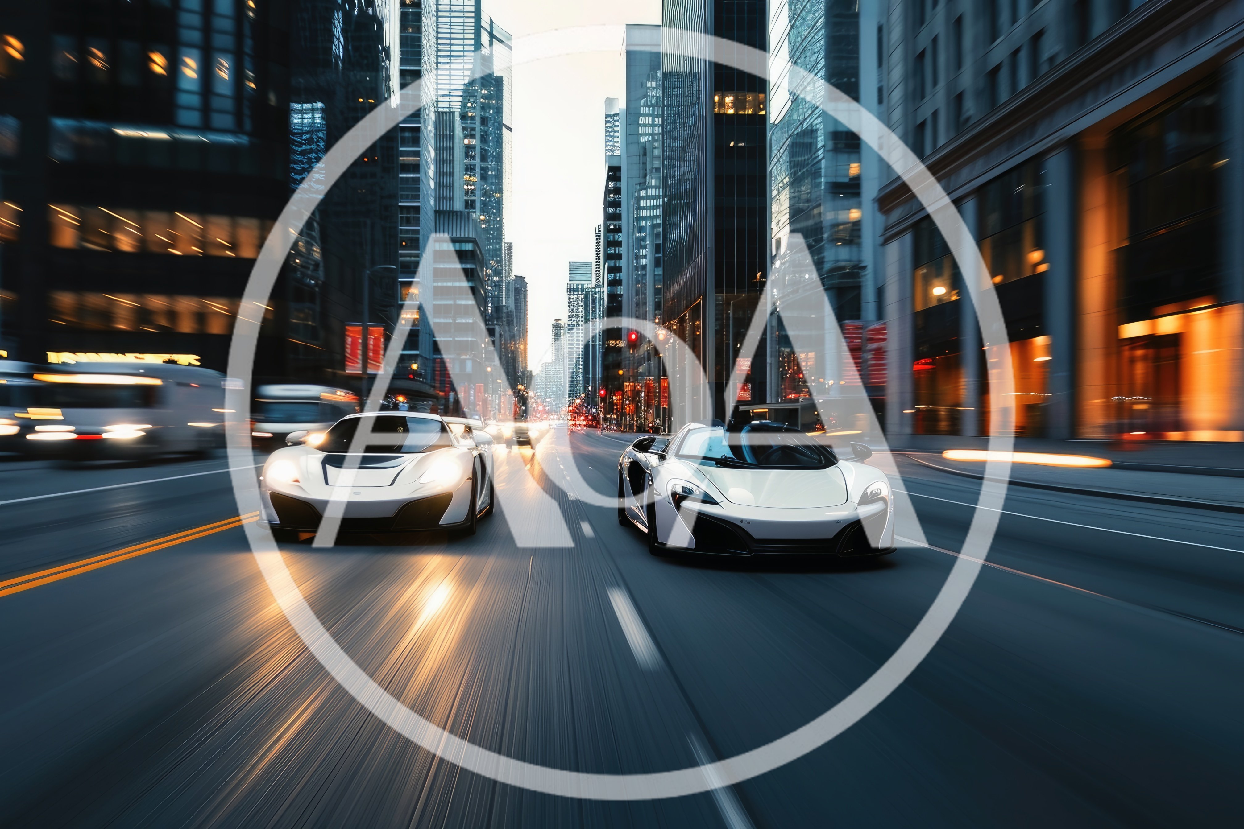 Two White Supercars Racing Through Modern City Streets