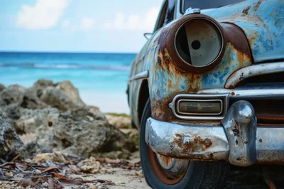 Abandoned Vintage Car On A Tropical Beach