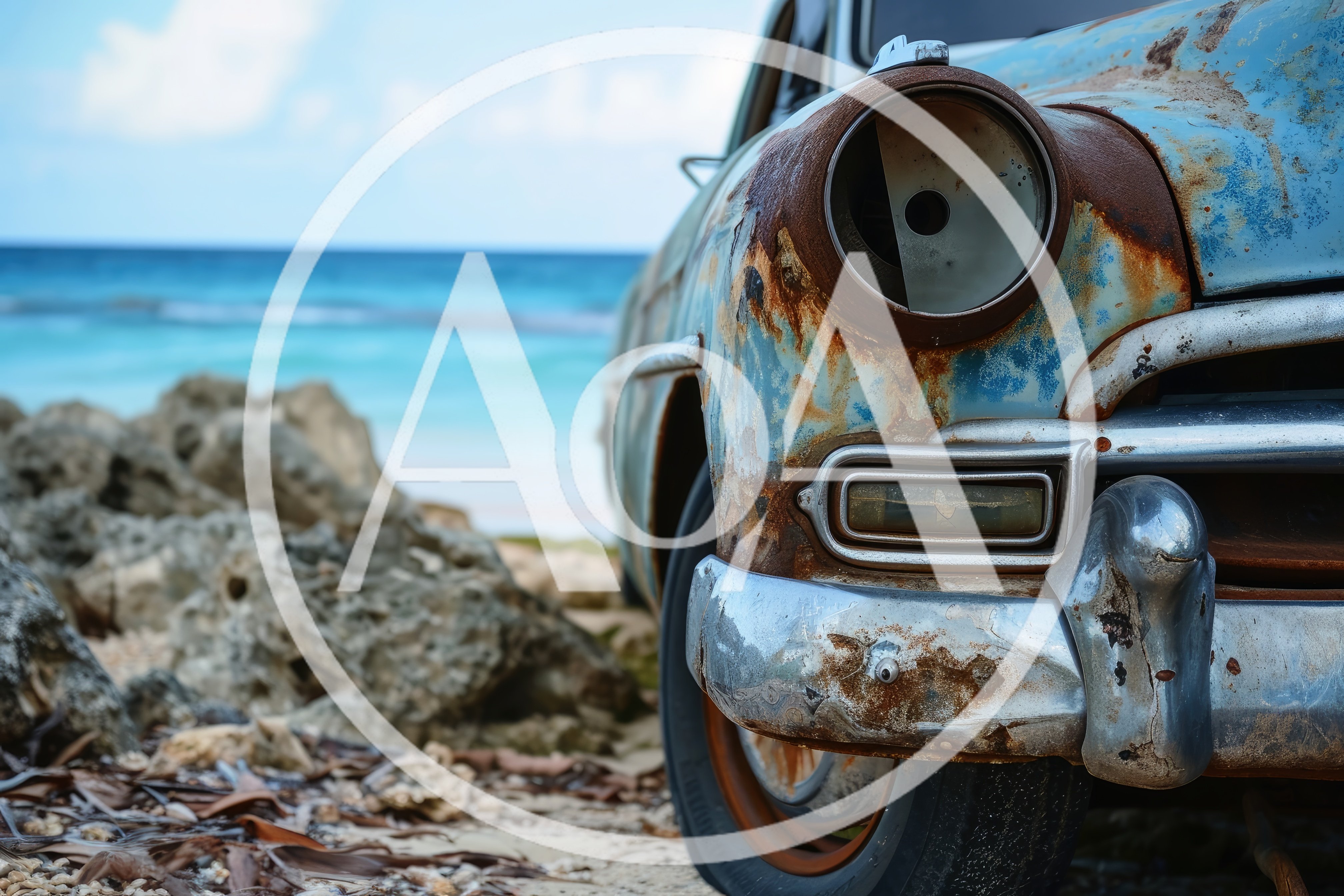 Abandoned Vintage Car On A Tropical Beach
