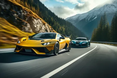 Yellow and Blue Supercars Racing on Mountain Road