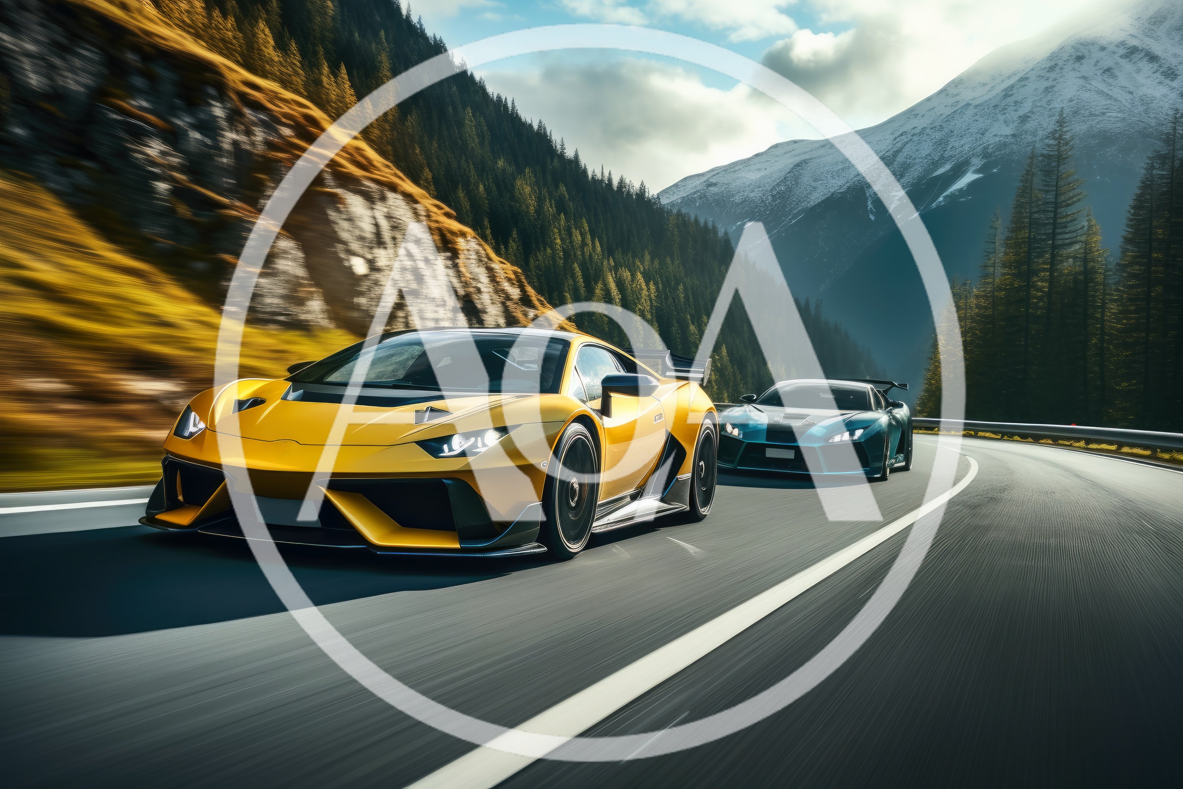 Yellow and Blue Supercars Racing on Mountain Road