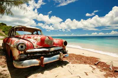 Abandoned Vintage Red Car On Tropical Beach