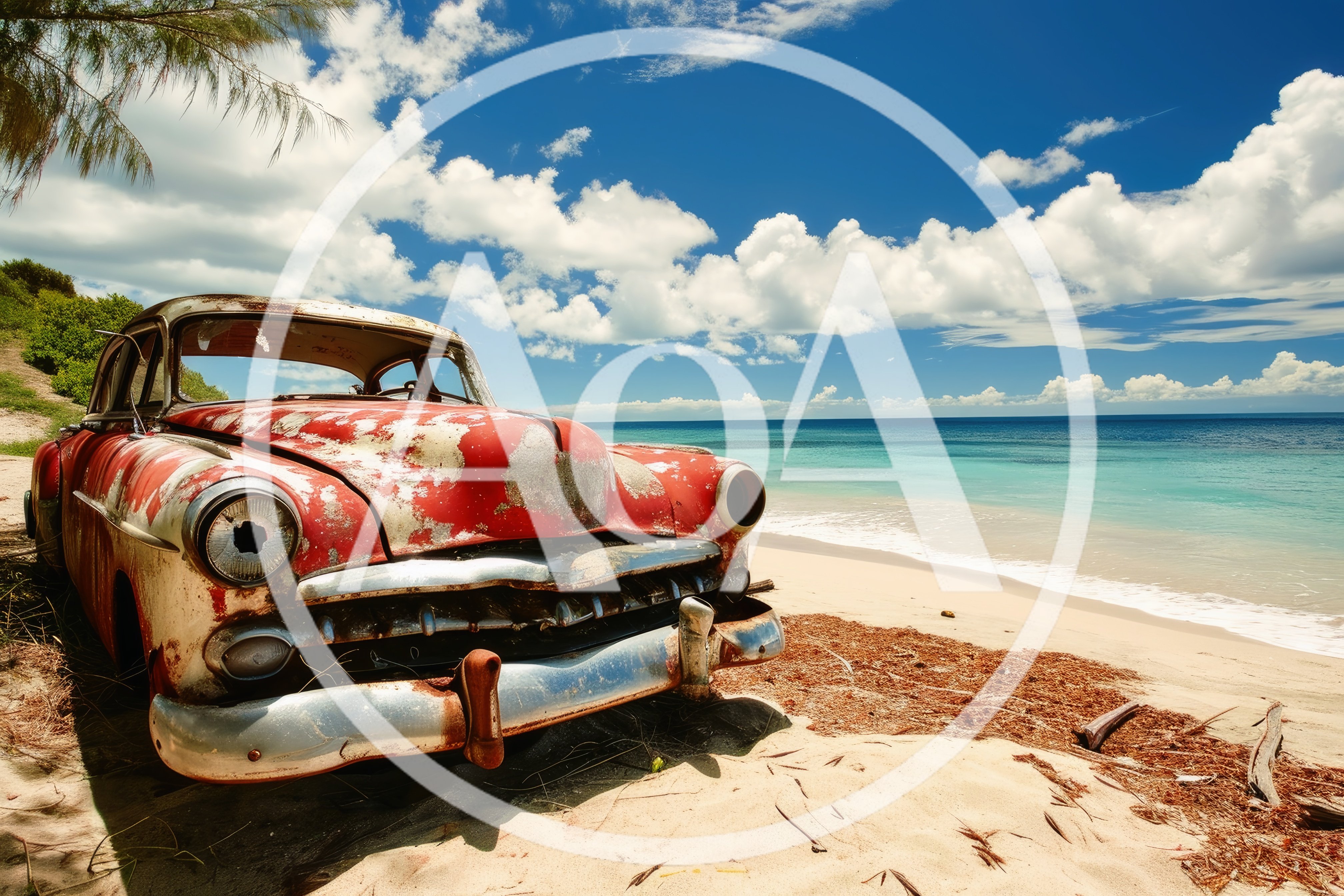 Abandoned Vintage Red Car On Tropical Beach