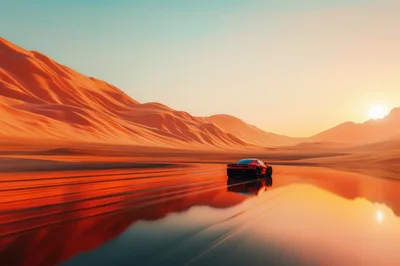Red Sports Car Driving Through Vast Desert Landscape