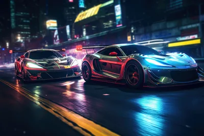 Two Supercars Racing Through A Neon City Street