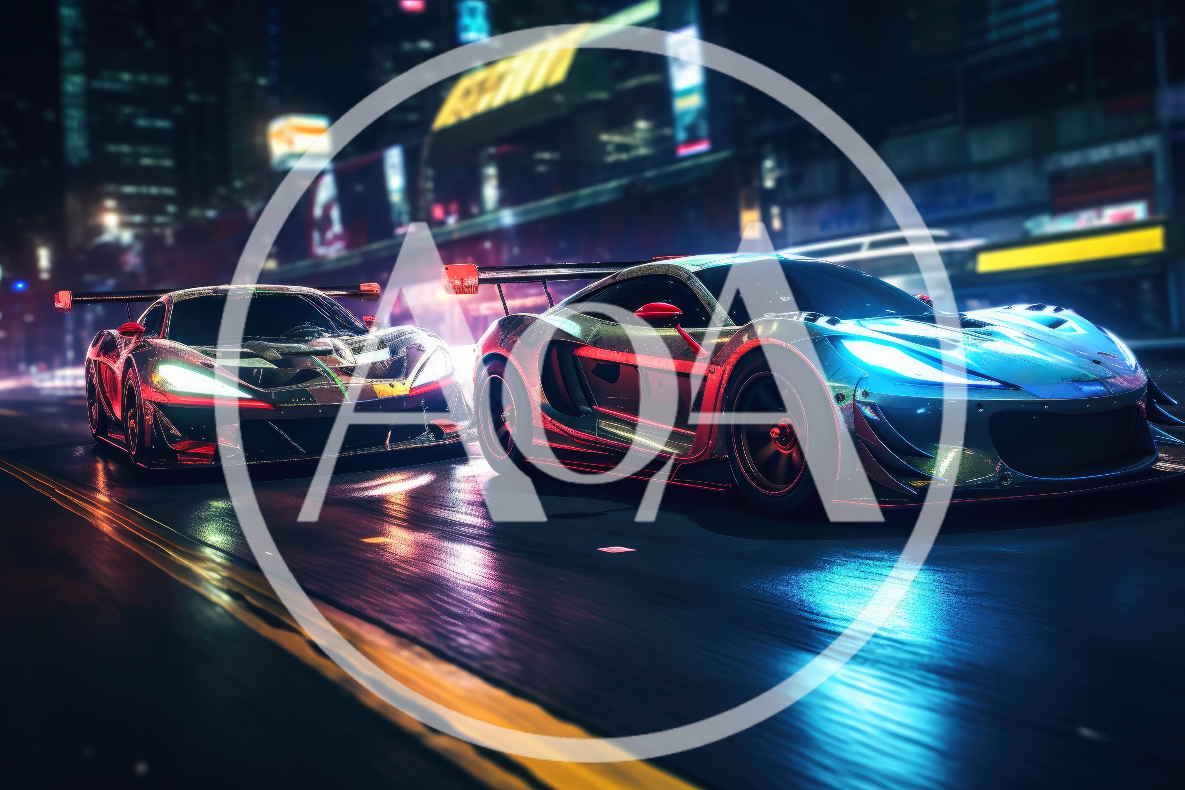 Two Supercars Racing Through A Neon City Street