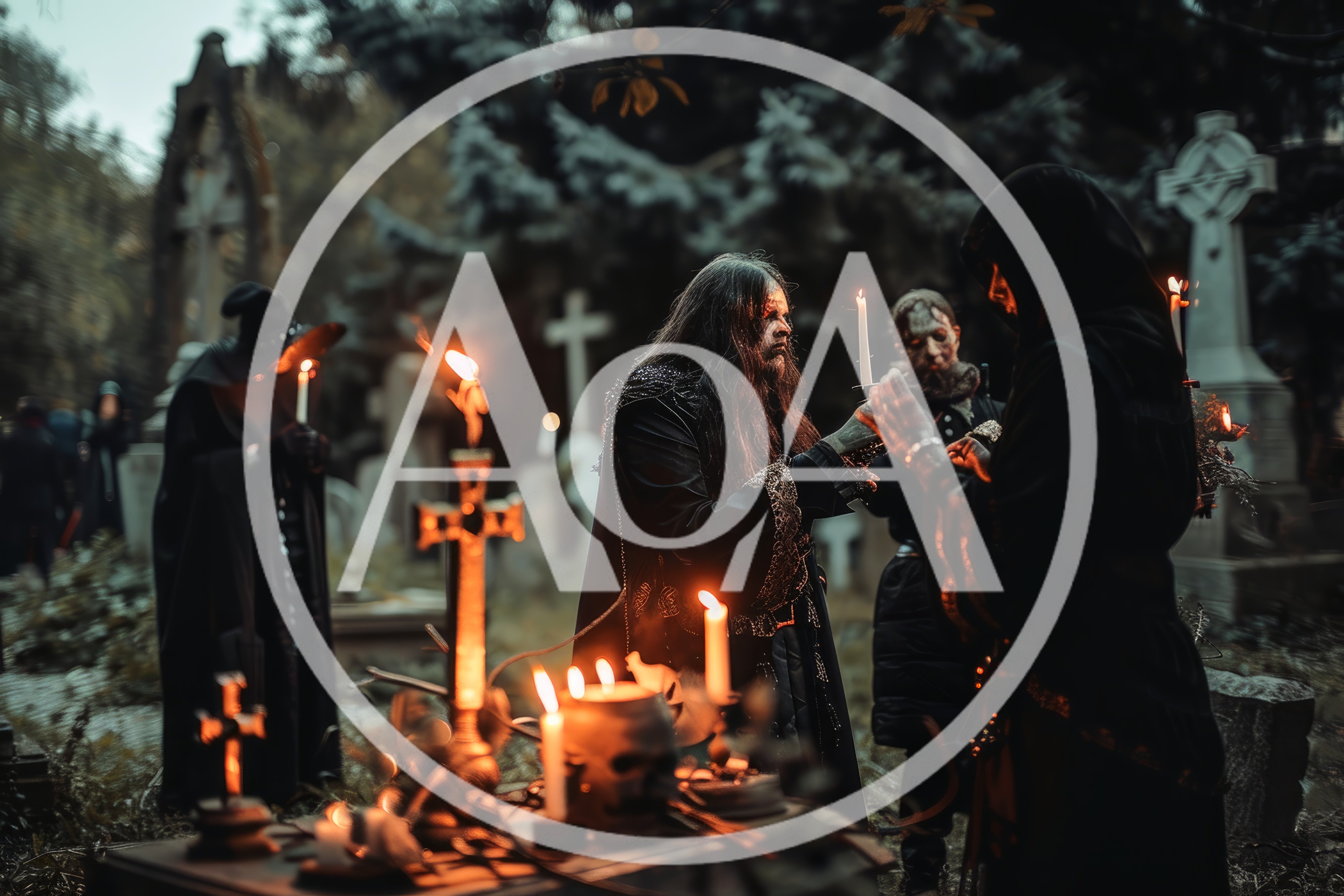 Occult Ritual Ceremony With Candles In A Graveyard