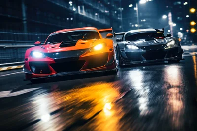 Two Sports Cars Racing On Wet City Street
