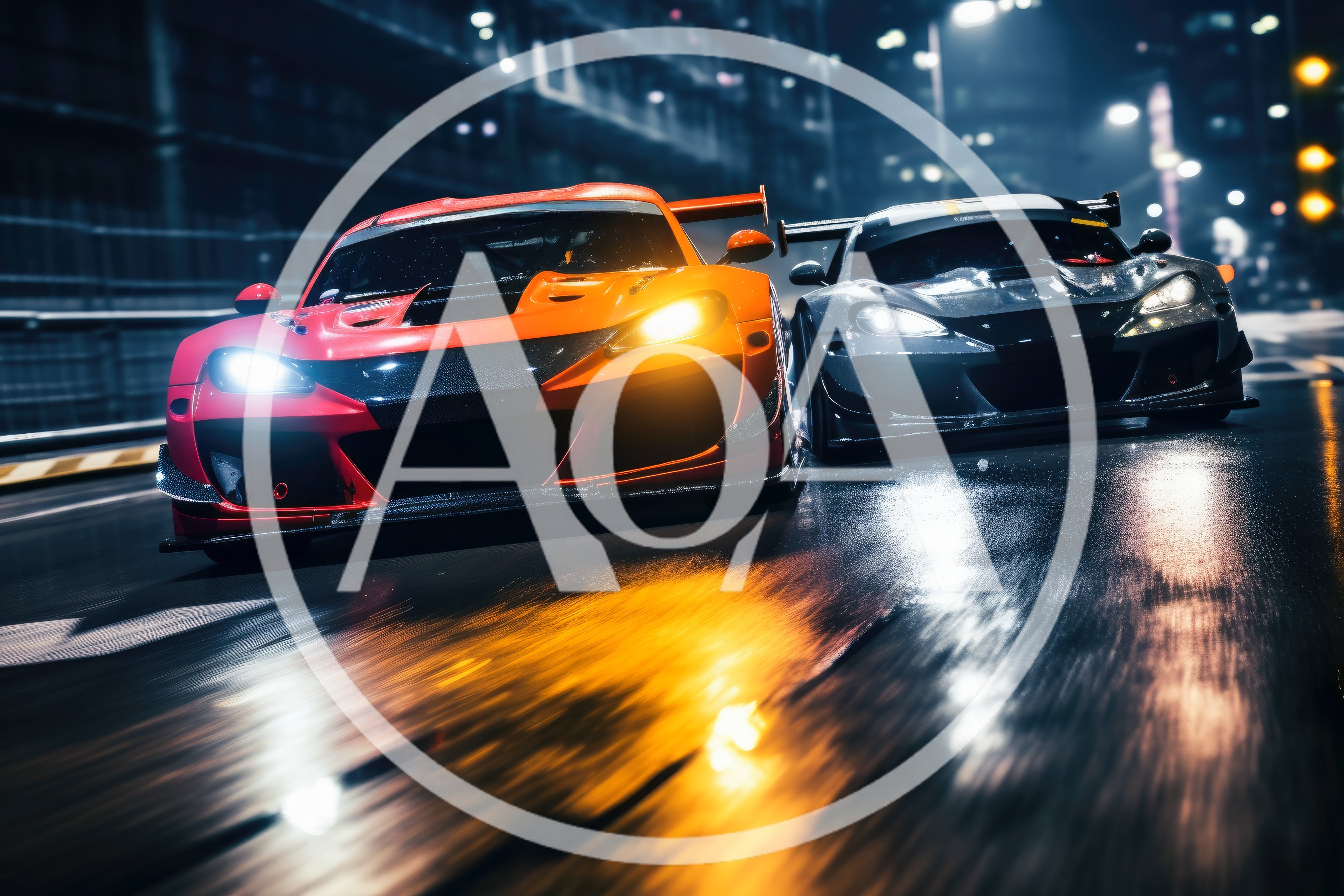 Two Sports Cars Racing On Wet City Street