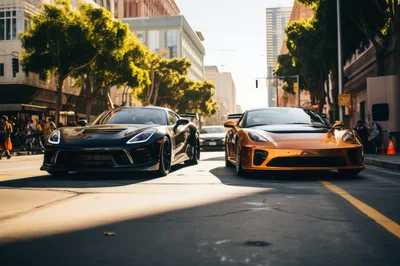 Two Luxury Sports Cars Parked on City Street