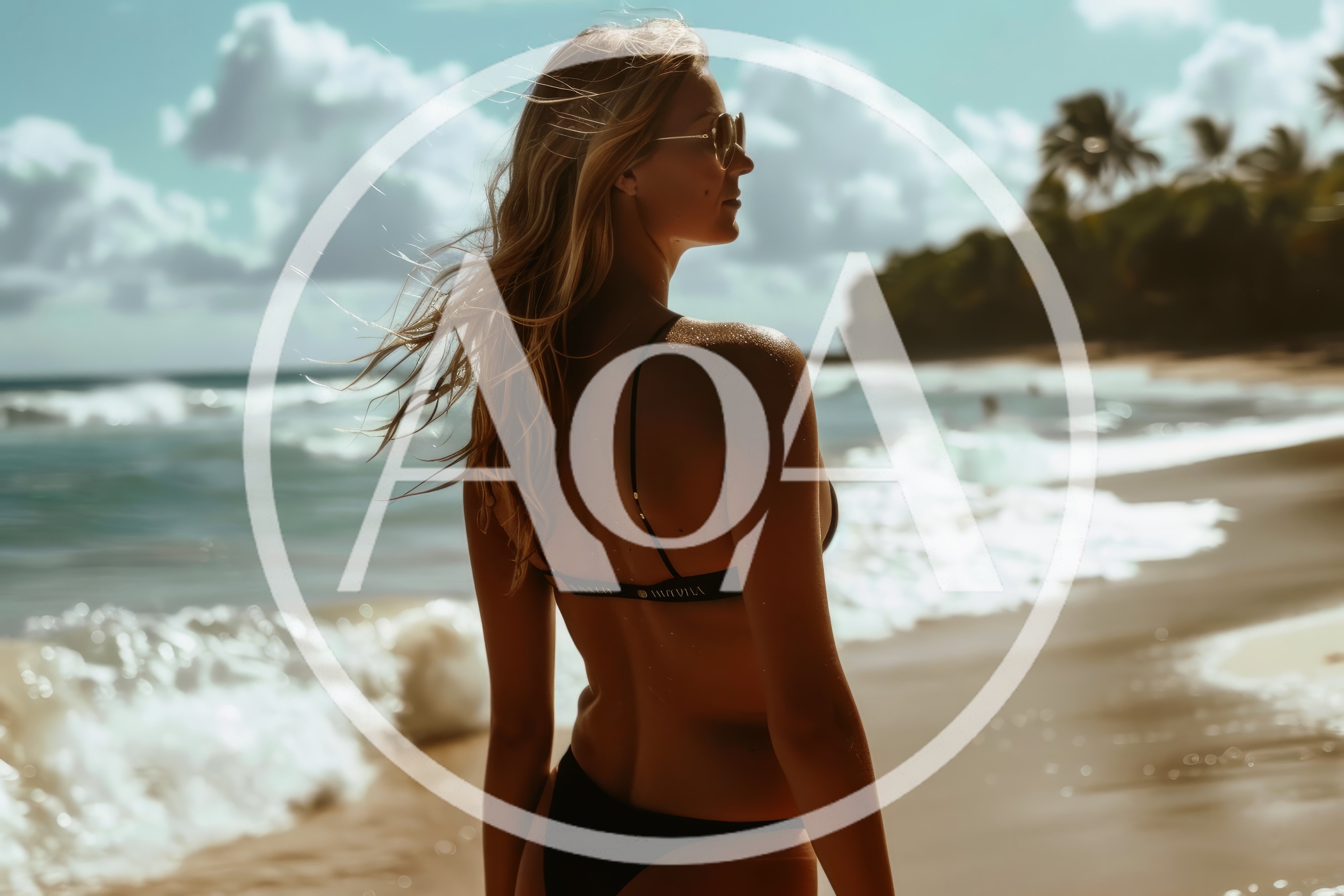 Blonde Woman Standing On Tropical Beach At Sunset