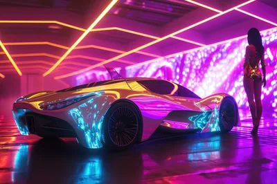 Futuristic Sports Car With Woman In Neon Garage