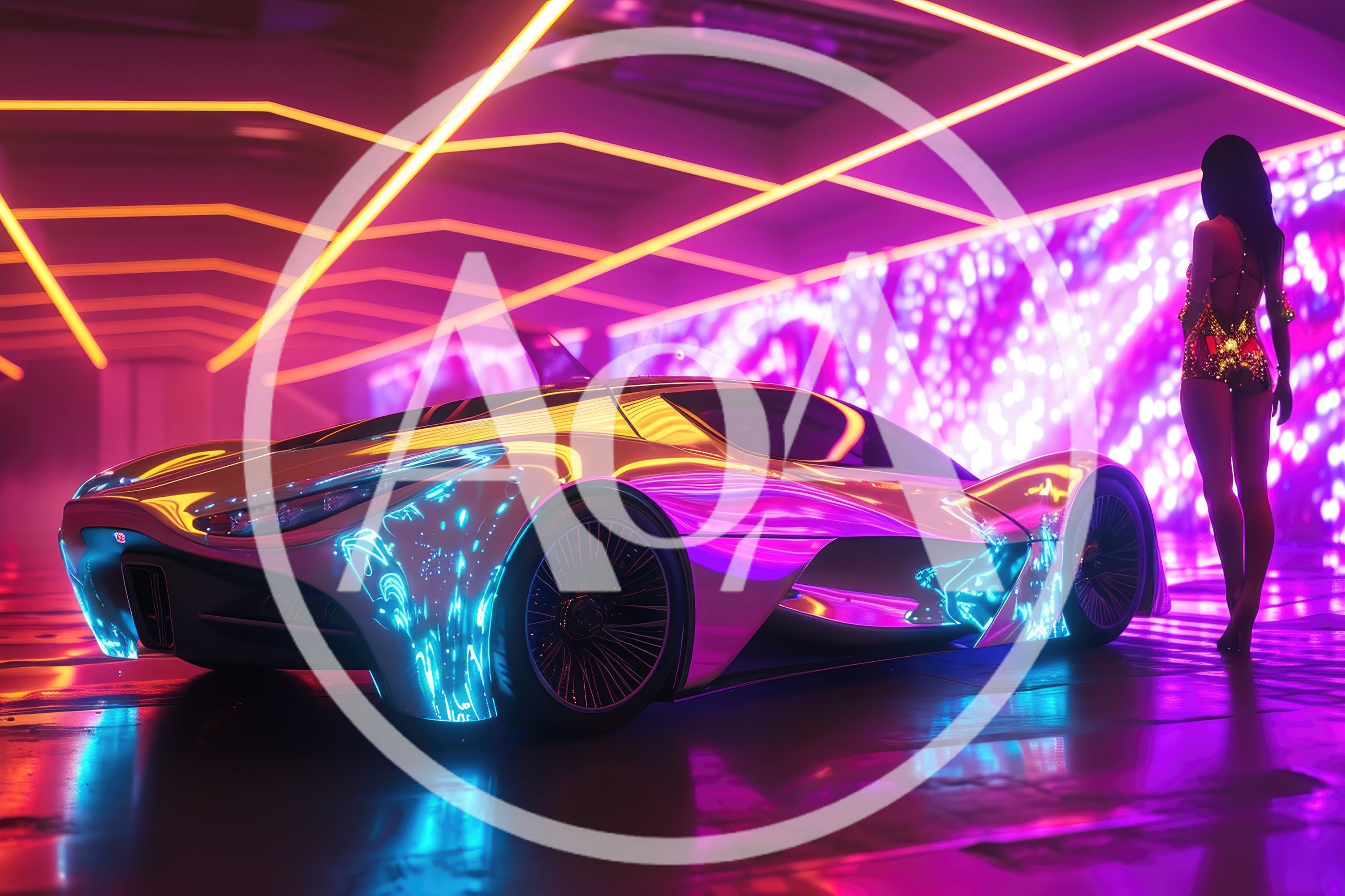 Futuristic Sports Car With Woman In Neon Garage