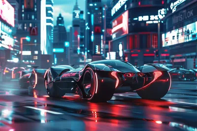 Futuristic Concept Sports Car Driving Through Neon City
