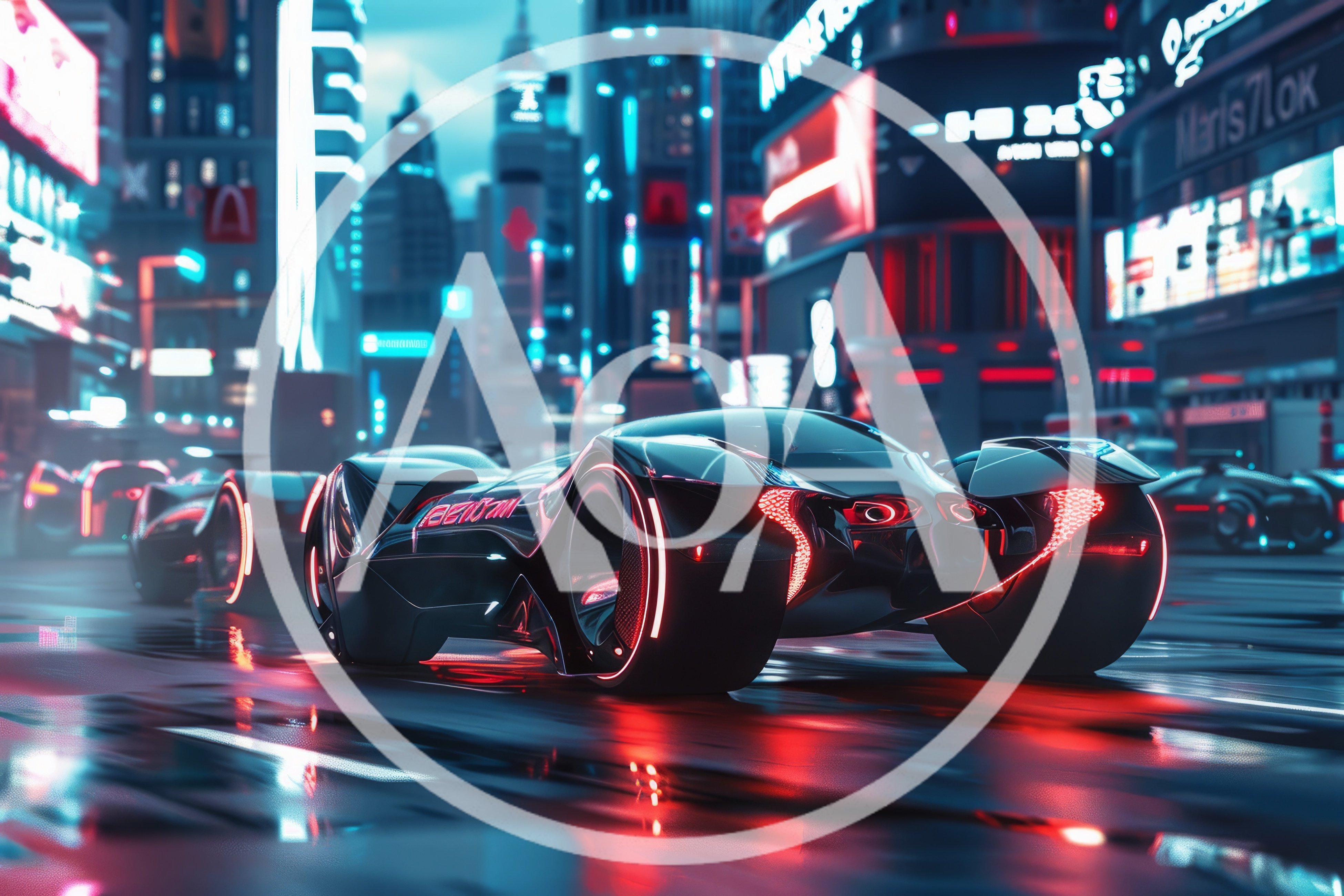 Futuristic Concept Sports Car Driving Through Neon City