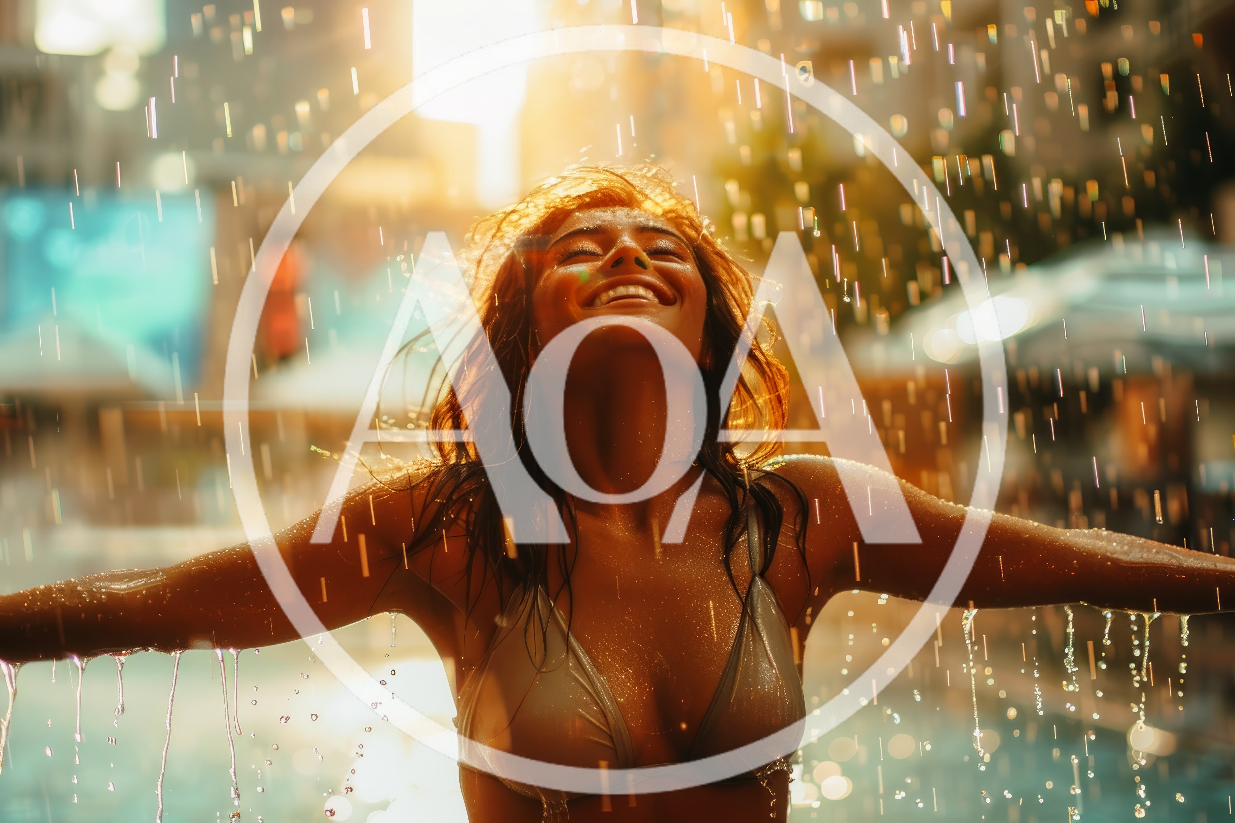 Young Woman Enjoying Rain In A Swimming Pool