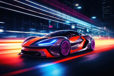 Futuristic Sports Car Speeding Through Neon City Streets