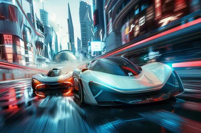 Futuristic Concept Cars Racing Through Neon Cityscape