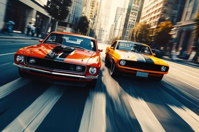 Two Classic Muscle Cars Racing Through City Streets