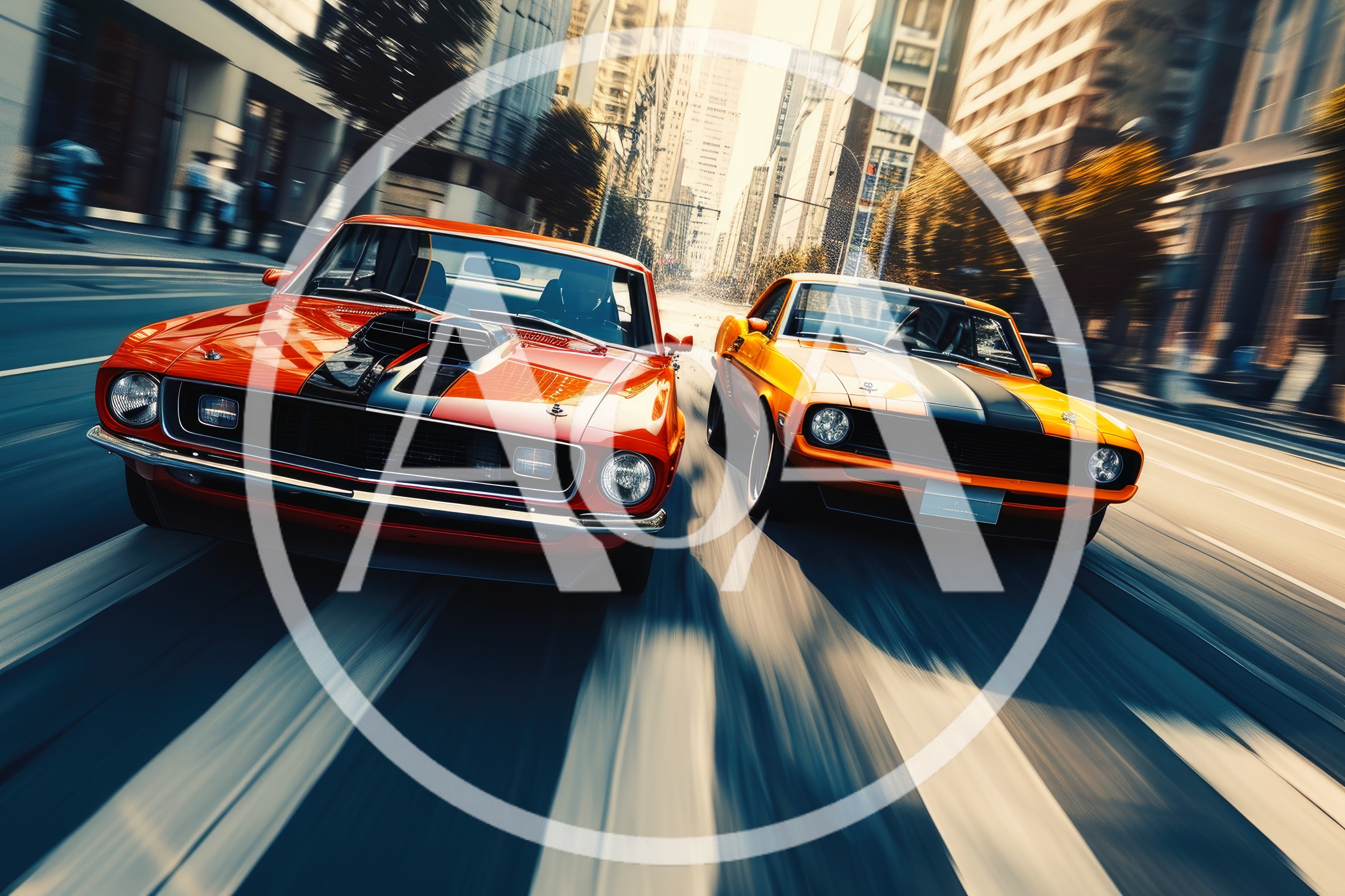 Two Classic Muscle Cars Racing Through City Streets