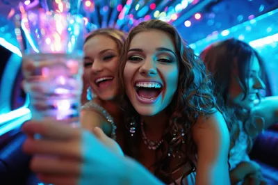 Young Women Celebrating With Champagne In A Limousine