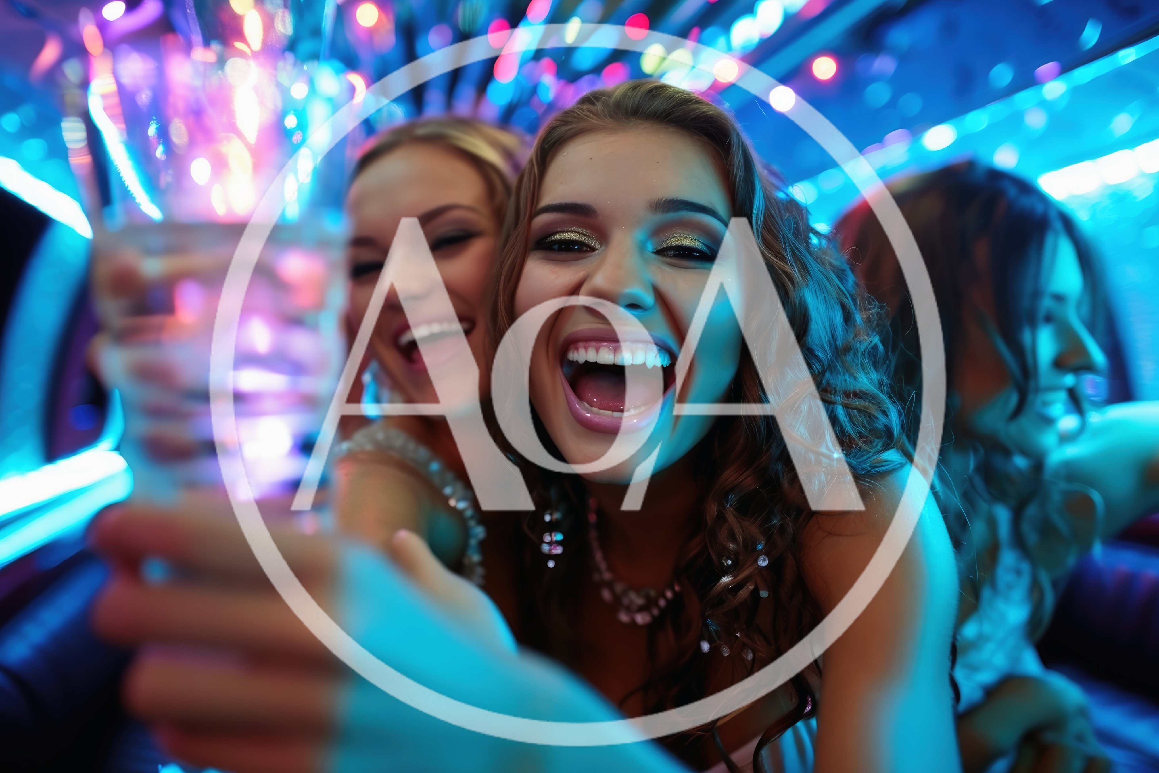 Young Women Celebrating With Champagne In A Limousine