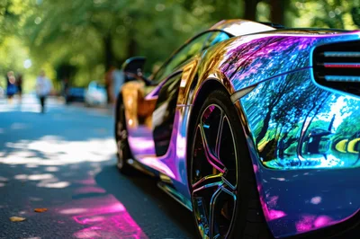 Iridescent Chrome Supercar Parked on Sunny Street
