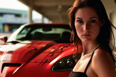 Young Woman Posing Next To A Red Sports Car