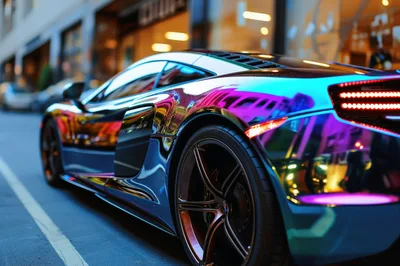Iridescent Supercar Parked on a City Street