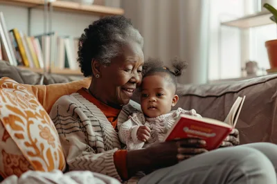 Elderly Grandmother Reading Book To Toddler Granddaughter