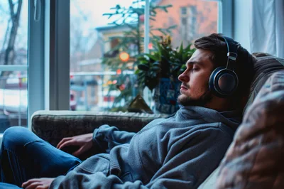 Young Man Relaxing In Armchair Listening To Music